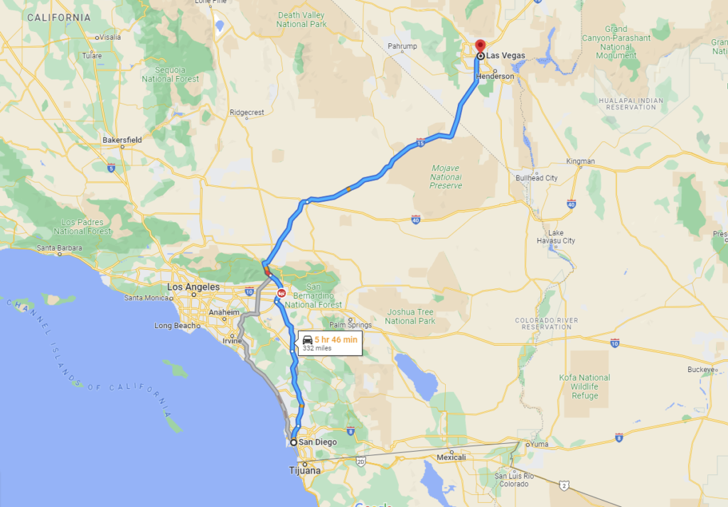 a map showing the distance between san diego and las vegas