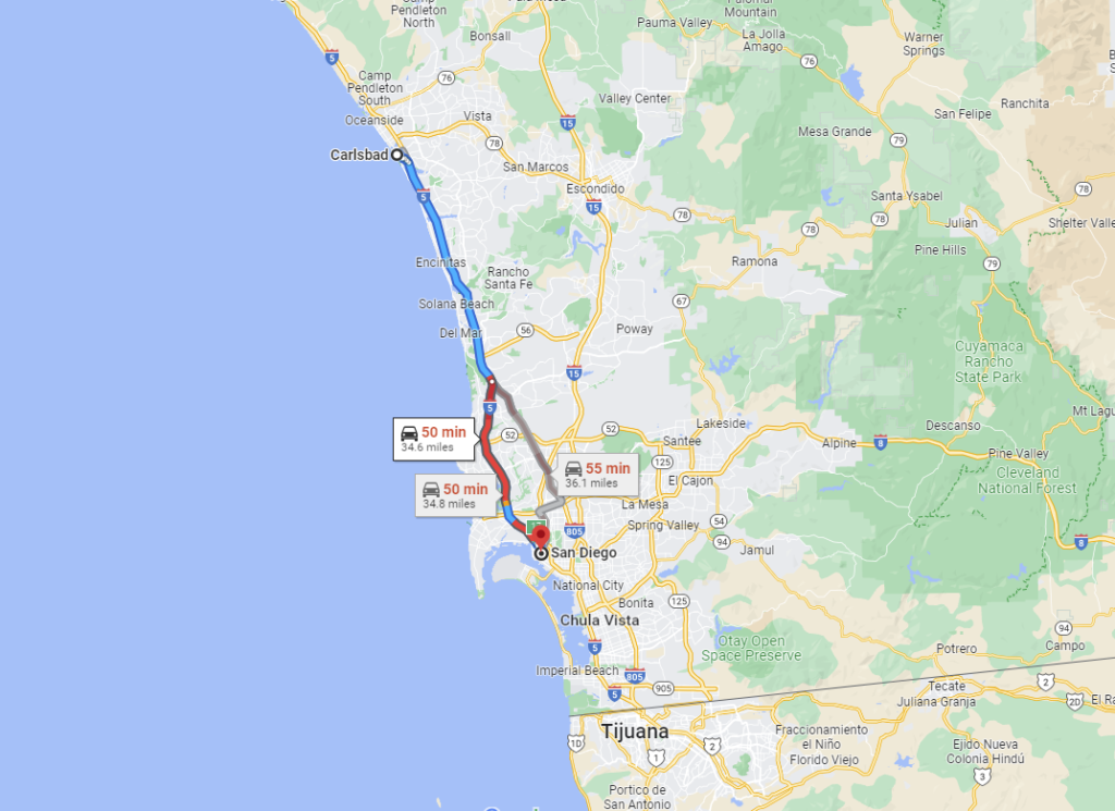 a picture of a map showing how far carlsbad from san diego