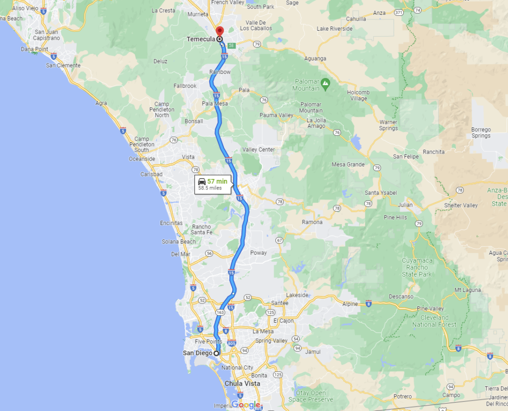 the map showing how far is temecula from san diego