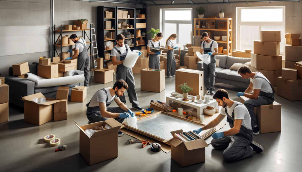 movers packing a living room