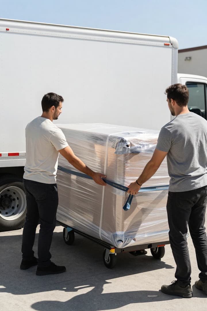 Wrapped furniture secured on a dolly during a long-distance move pickup in San Diego