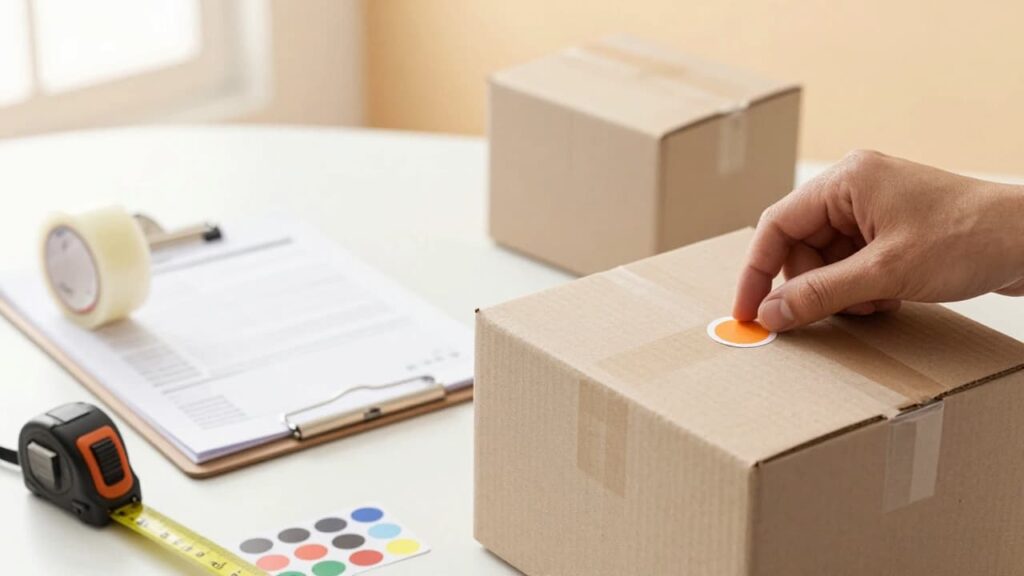 Move planning setup with clipboard, labels, and packing supplies