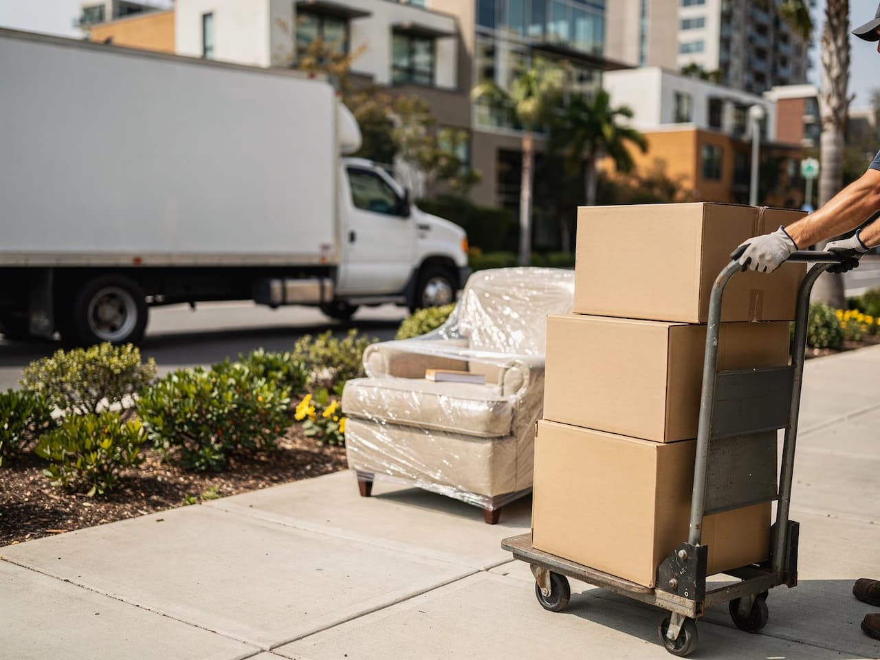 Organized curbside pickup setup with boxes and an unbranded moving truck