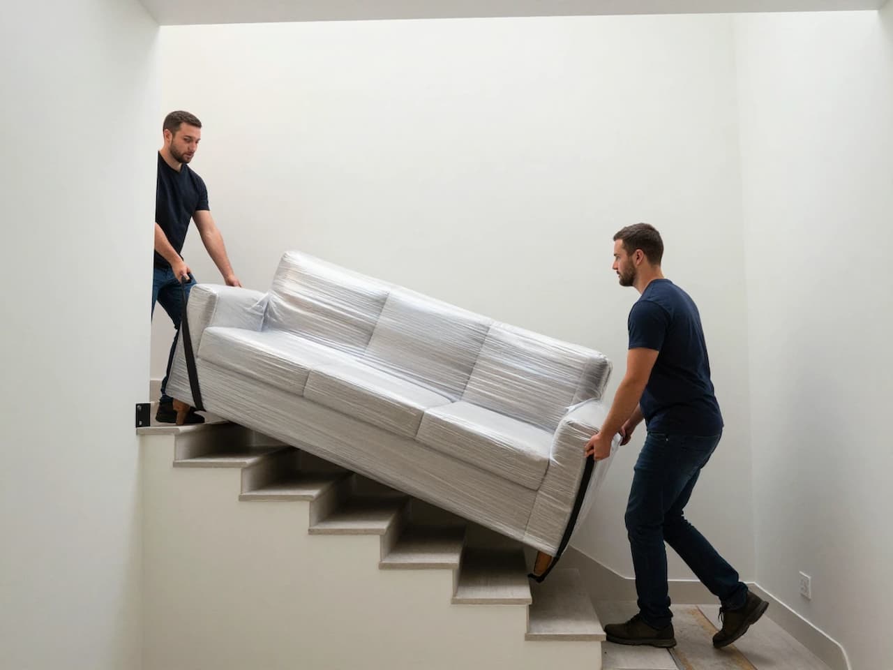 Wrapped sofa moved carefully up stairs with floor and wall protection