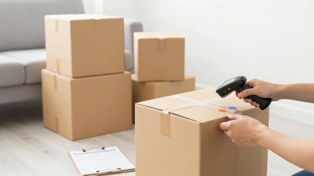 Boxes being labeled and checked for a long-distance move inventory