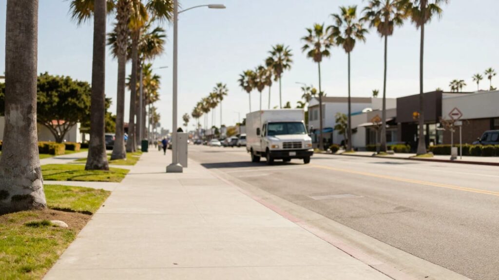 San Diego street scene with an unbranded moving truck in the background