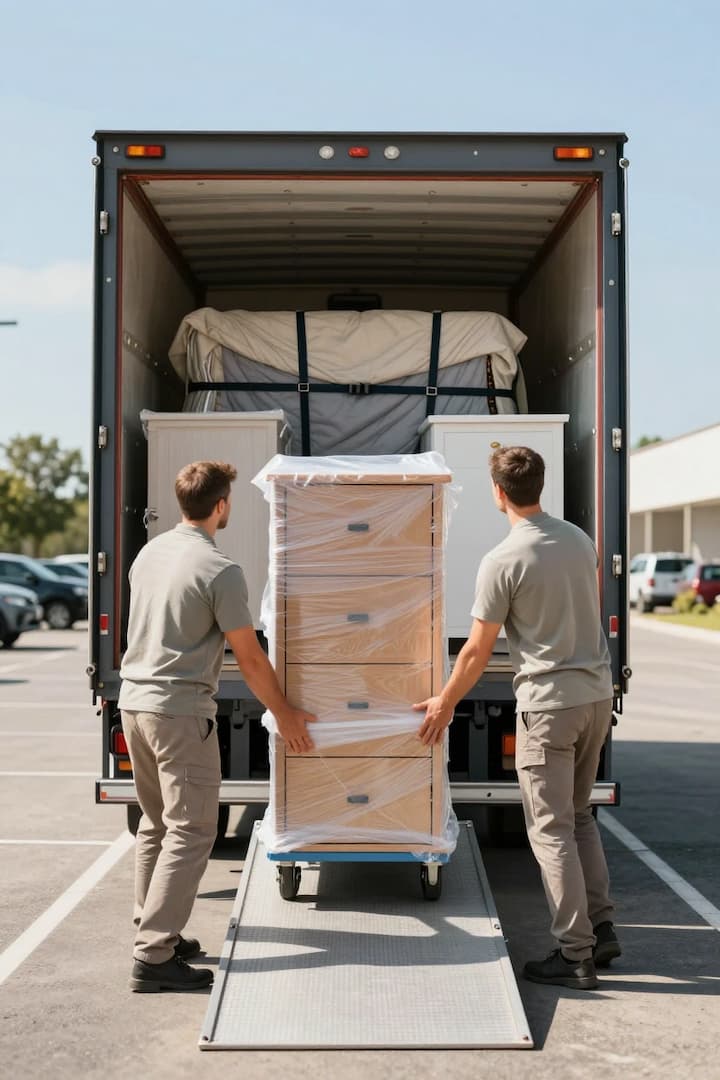 Movers guiding a wrapped dresser into a truck with secure tie-downs for a long-distance move